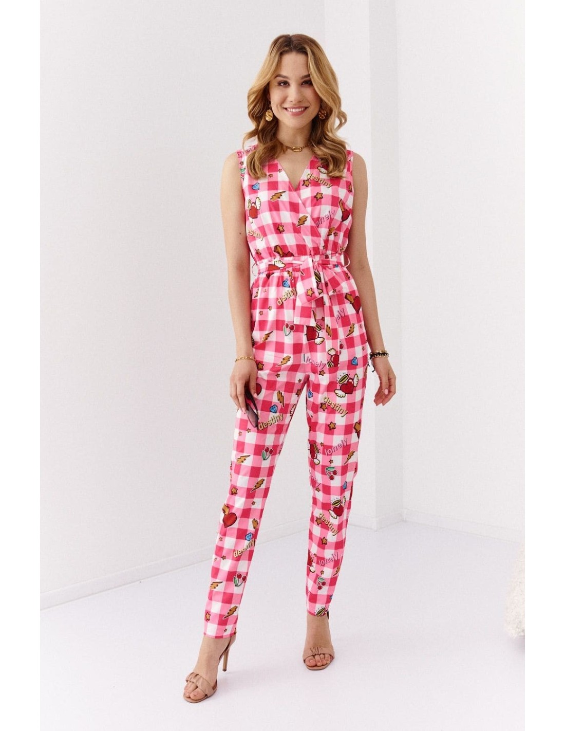 Checkered jumpsuit with envelope neckline, pink 70001 - Online store - Boutique